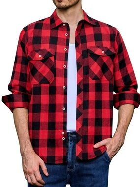 Design in Italy Flannel Shirt Mens Red Black Plaid Two Pockets Long Sleeve  2XL